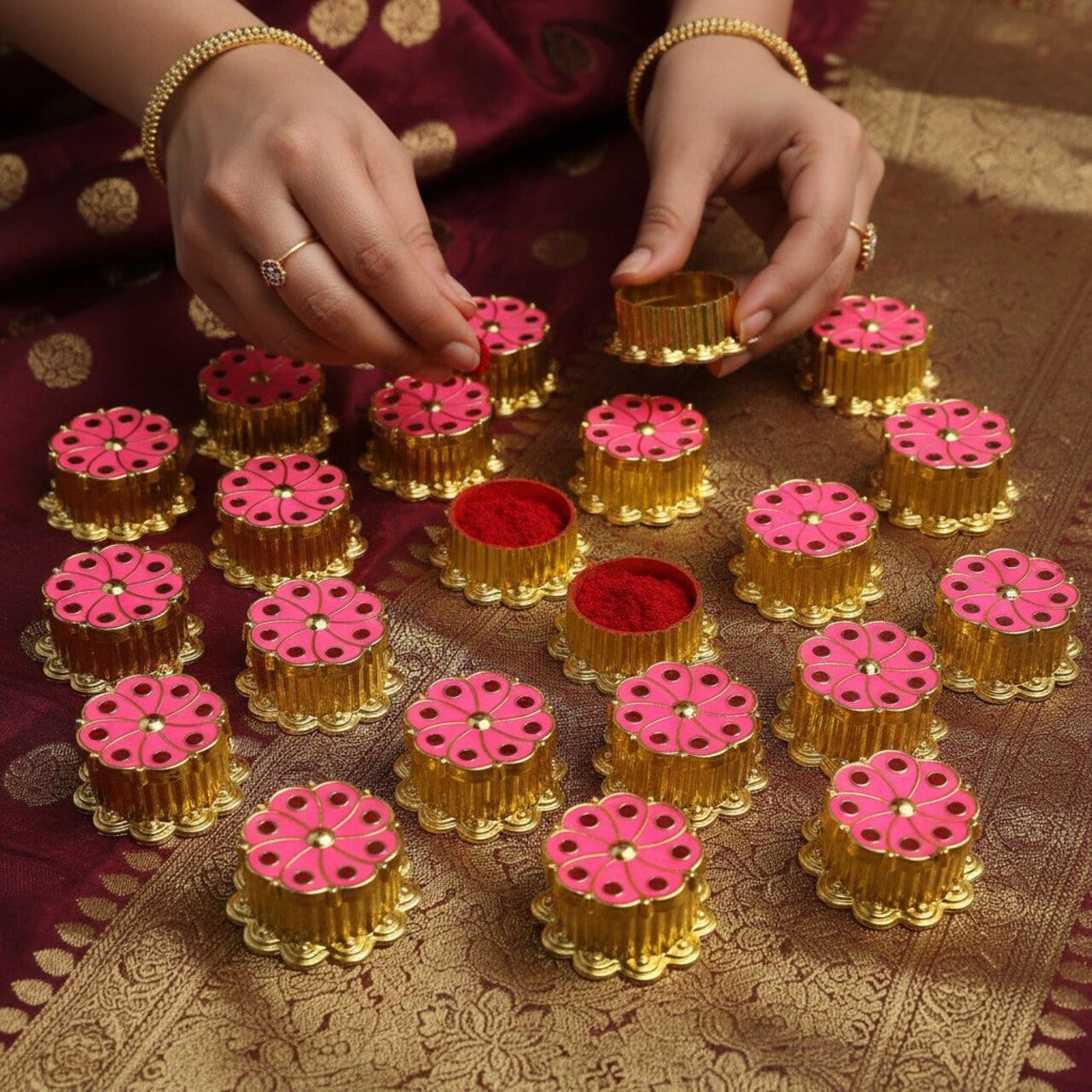 Pink Haldi Kumkum Plastic Holder 1.1 Inch Diameter x 0.5 Inch Deep – Traditional Ritual Haldi Kumkum Container Roli Chawal/Rice Holder for Weddings, Housewarming, Return Gifts, Home Decor
